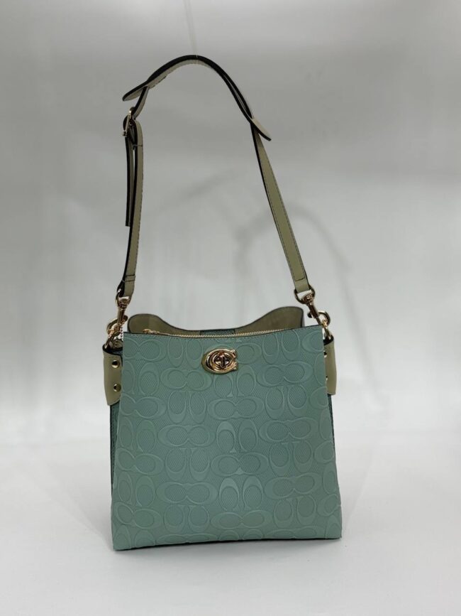 Coach Gofraj baskılı kilitli büzgülü mint yeşili çanta