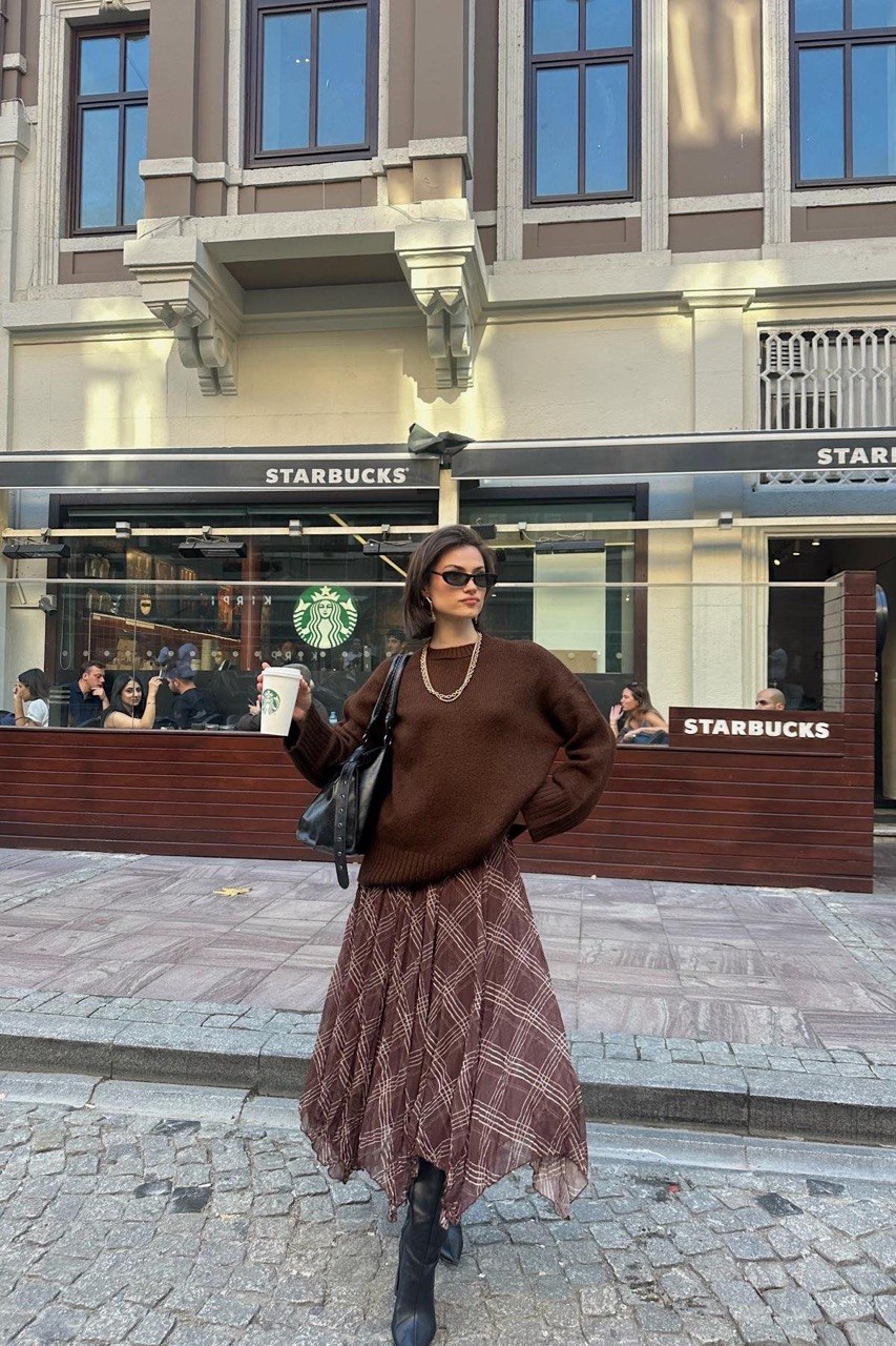 Kare Desenli Asimetrik Astarlı Etek -Kahve - Görsel 2