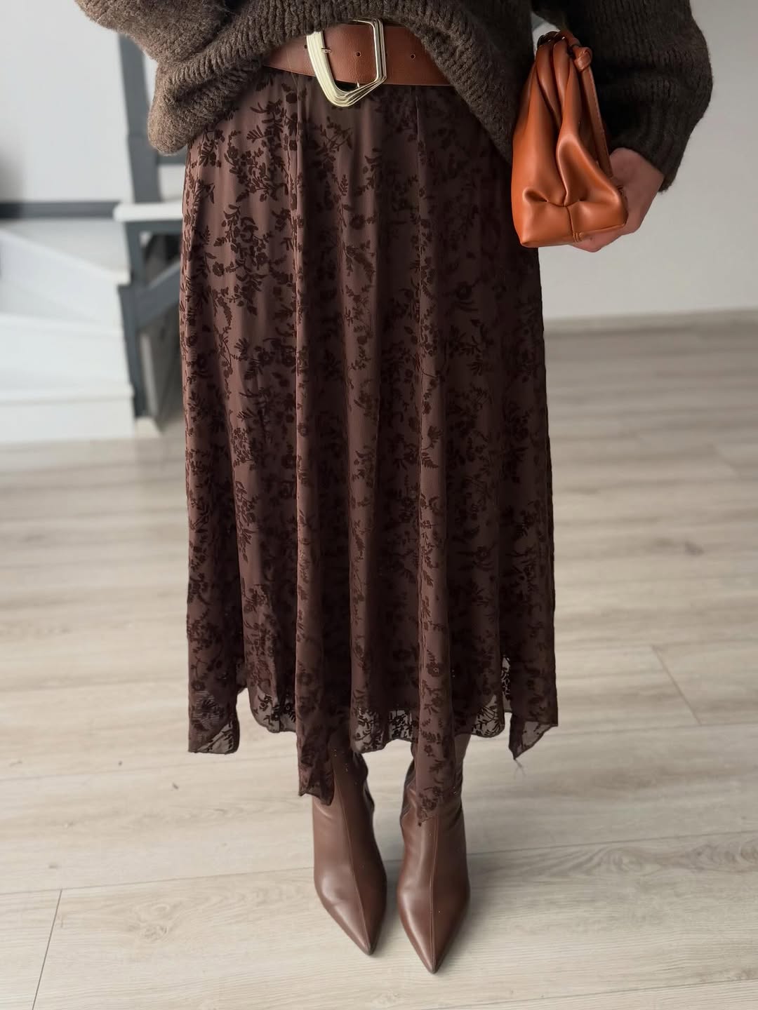 Kabartma Desenli Astarlı Asimetrik Etek -Kahve - Görsel 5