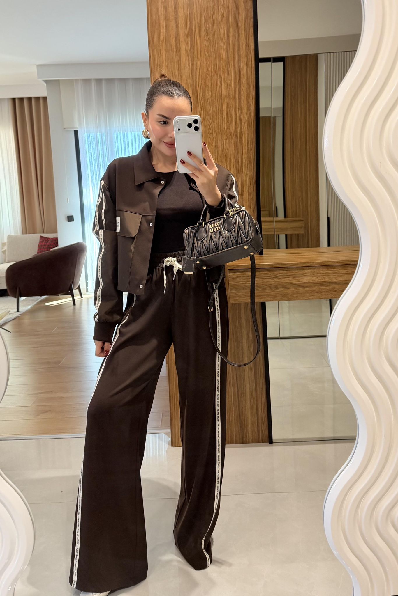 Twst Paraşüt Kol Detaylı Garnili İkili Takım- Kahve