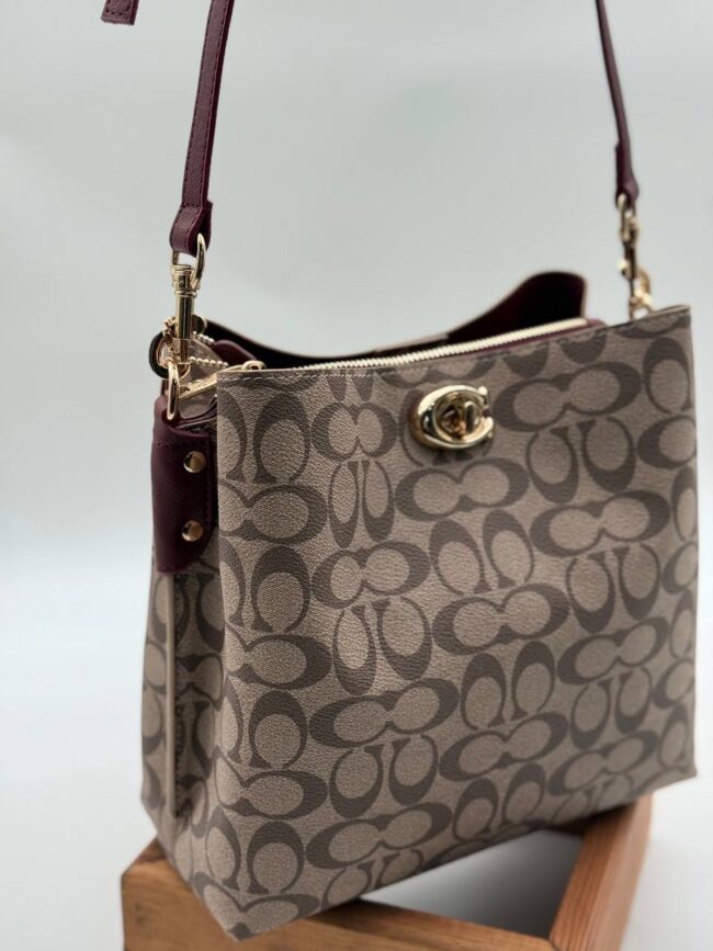 Coach Gofraj baskılı kilitli büzgülü bordo vizon çanta