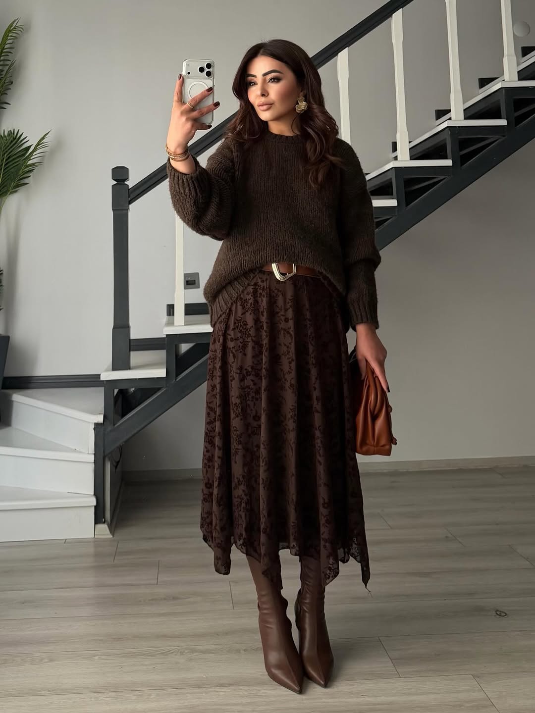 Kabartma Desenli Astarlı Asimetrik Etek -Kahve - Görsel 4