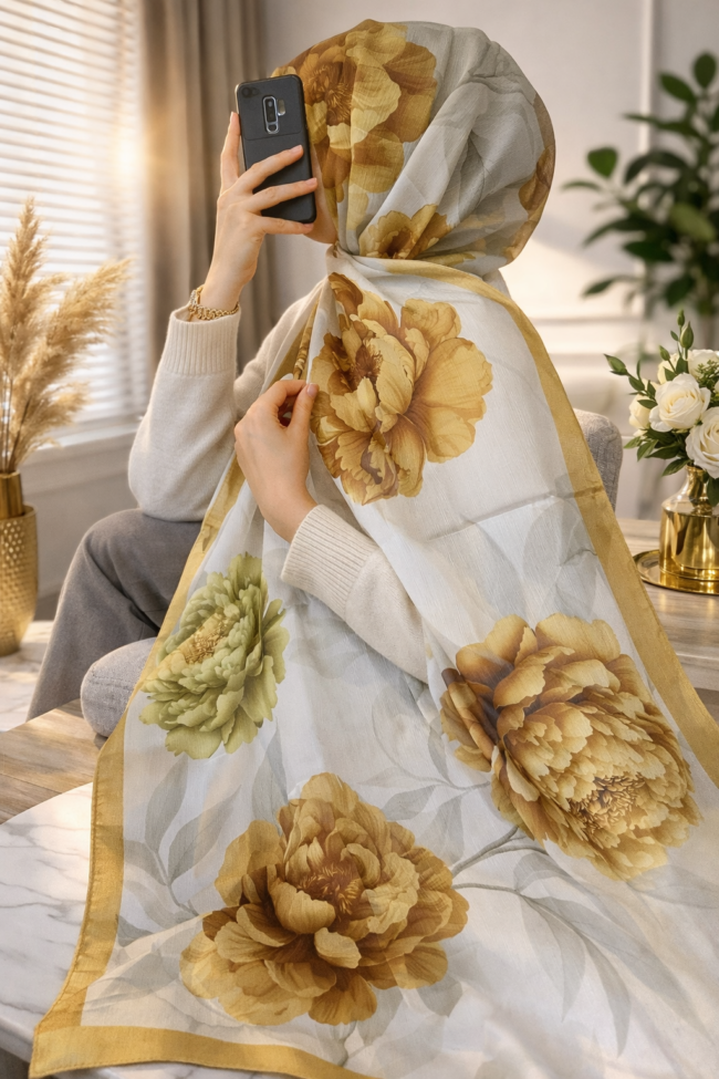 Flora Vual İpek Şal 10100 -Safran
