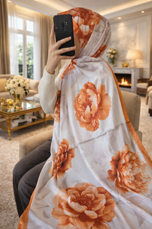 Flora Vual İpek Şal 10100 -Portakal