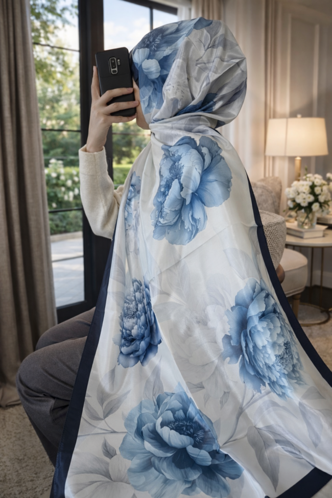 Flora Vual İpek Şal 10100 -Mavi