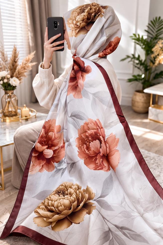 Flora Vual İpek Şal 10100 -Kızıl Kadife