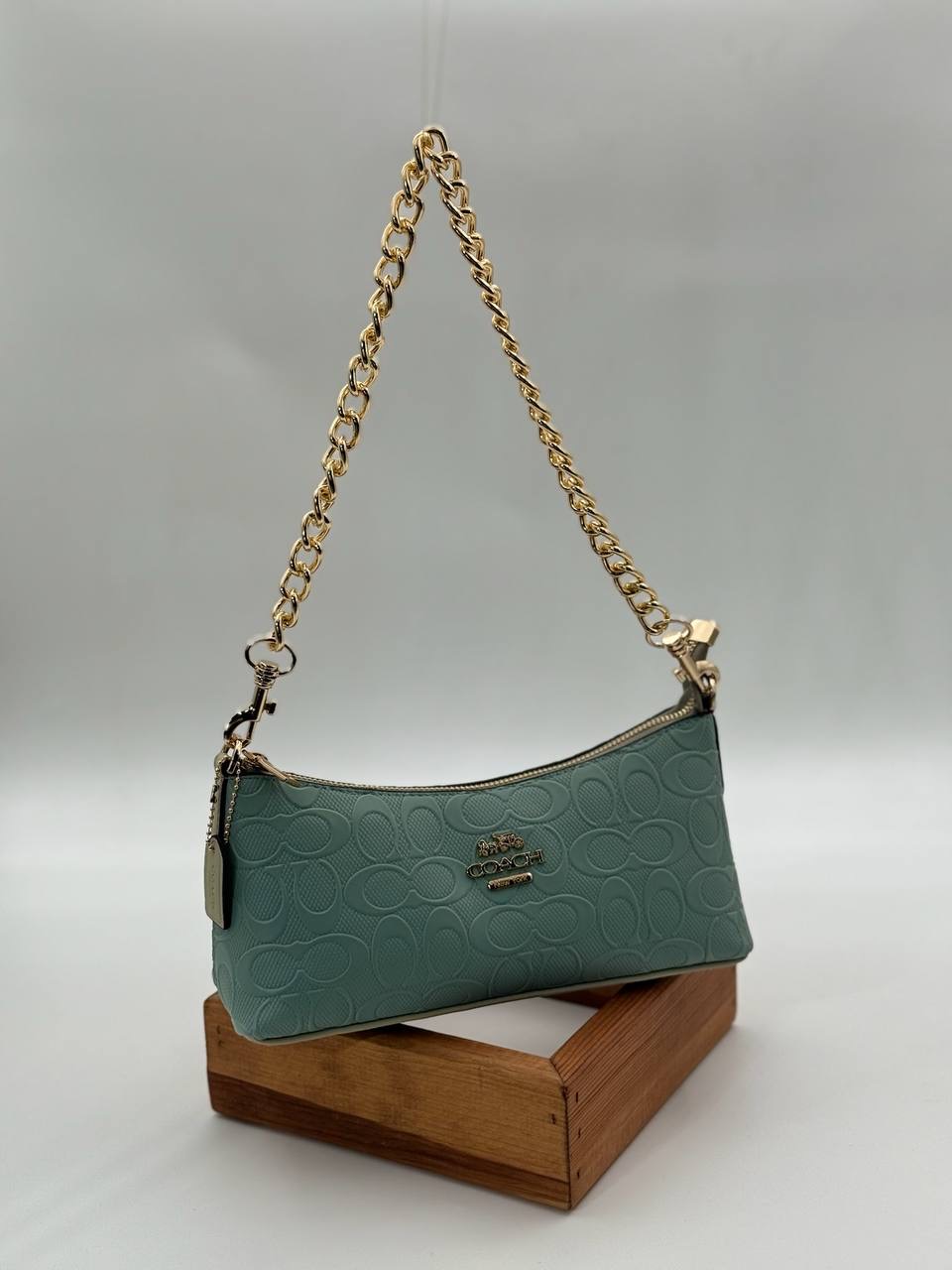 Coach Gofraj baskı zincirli baget mint yeşili çanta