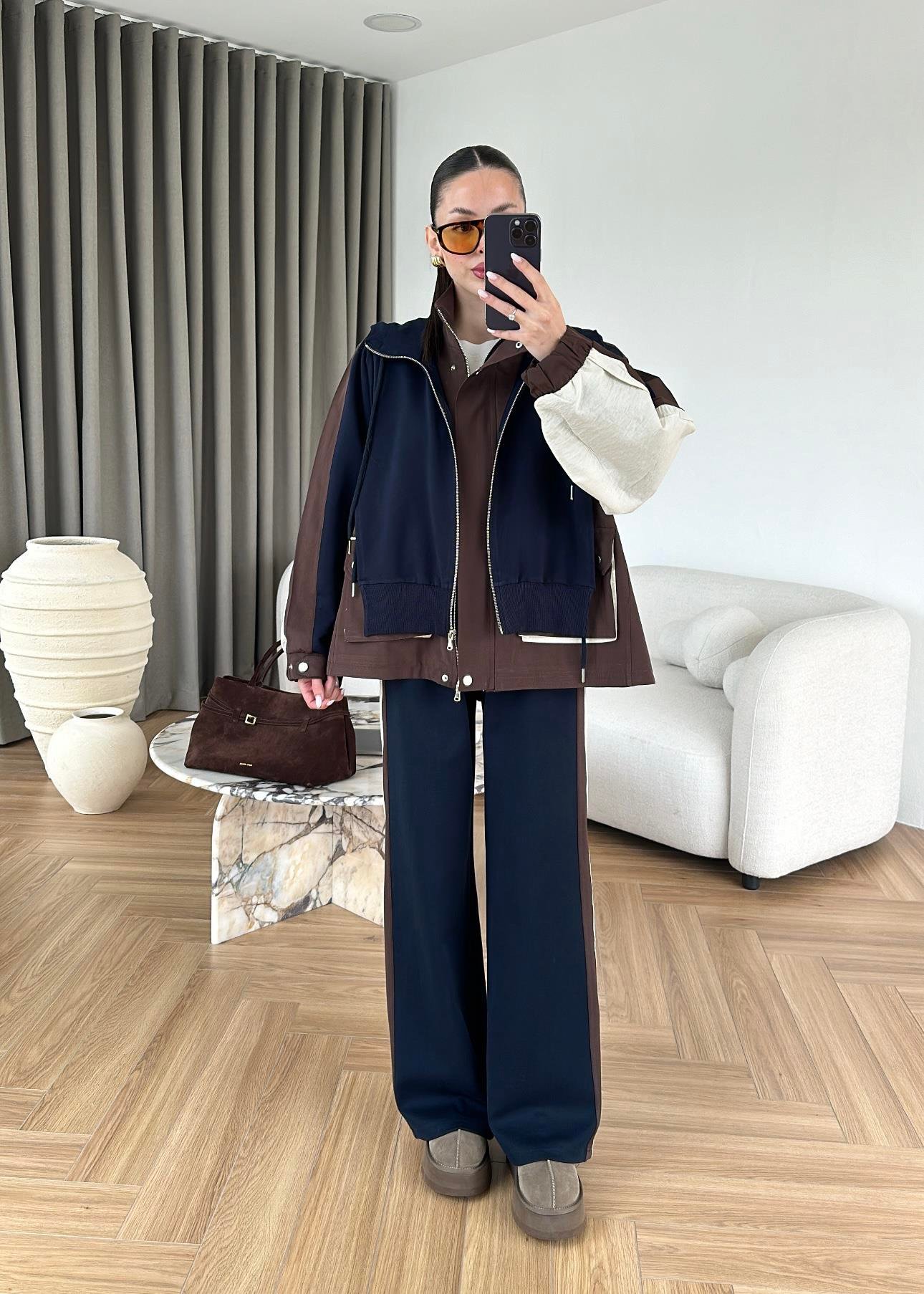 Massimo Kapüşonlu Garnili Takım - Lacivert-Kahve