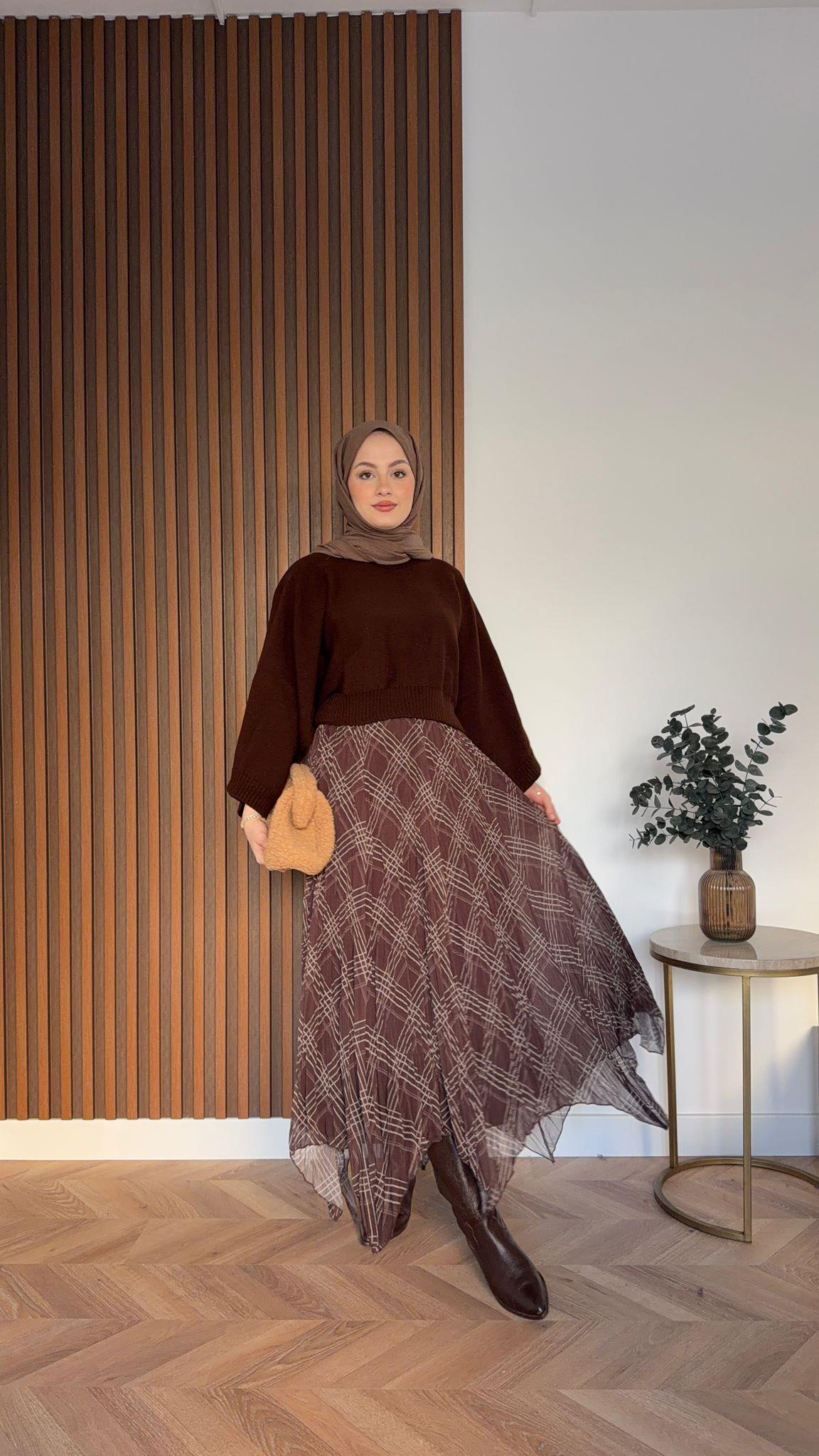 Kare Desenli Asimetrik Astarlı Etek -Kahve - Görsel 3