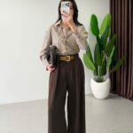 Köprü Detaylı Kemerli Palazzo Pantolon - Kahve