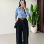 Köprü Detaylı Kemerli Palazzo Pantolon - Lacivert