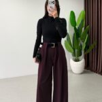 Köprü Detaylı Kemerli Palazzo Pantolon - Bordo