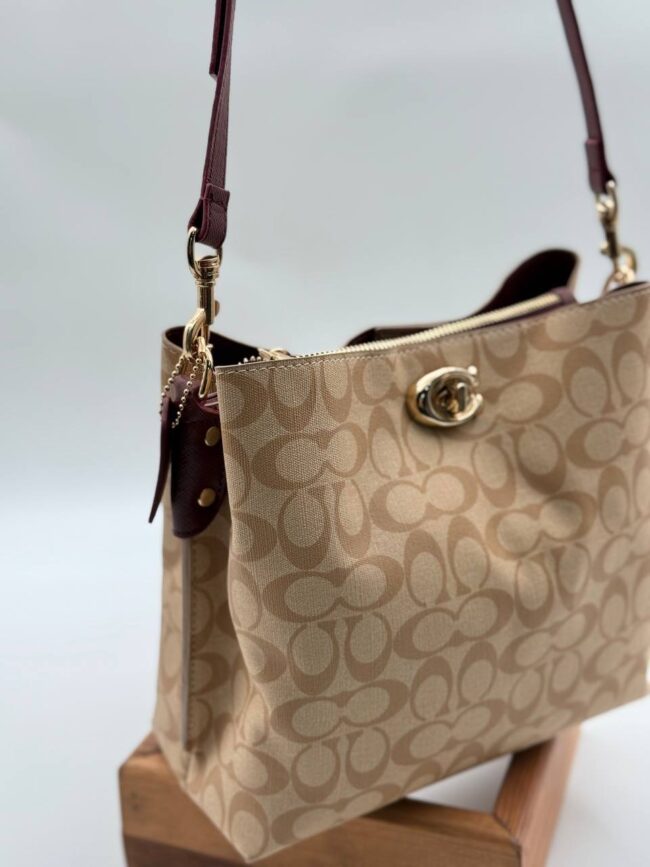 Coach Gofraj baskılı kilitli büzgülü bordo camel çanta