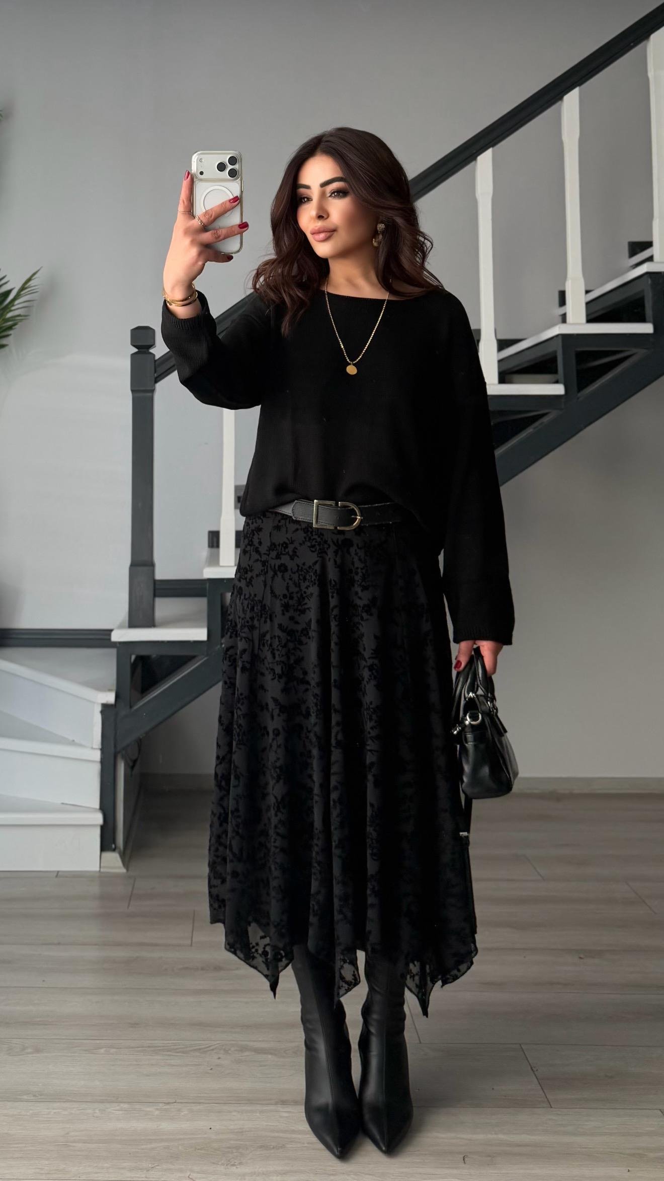 Kabartma Desenli Astarlı Asimetrik Etek - Siyah - Görsel 3