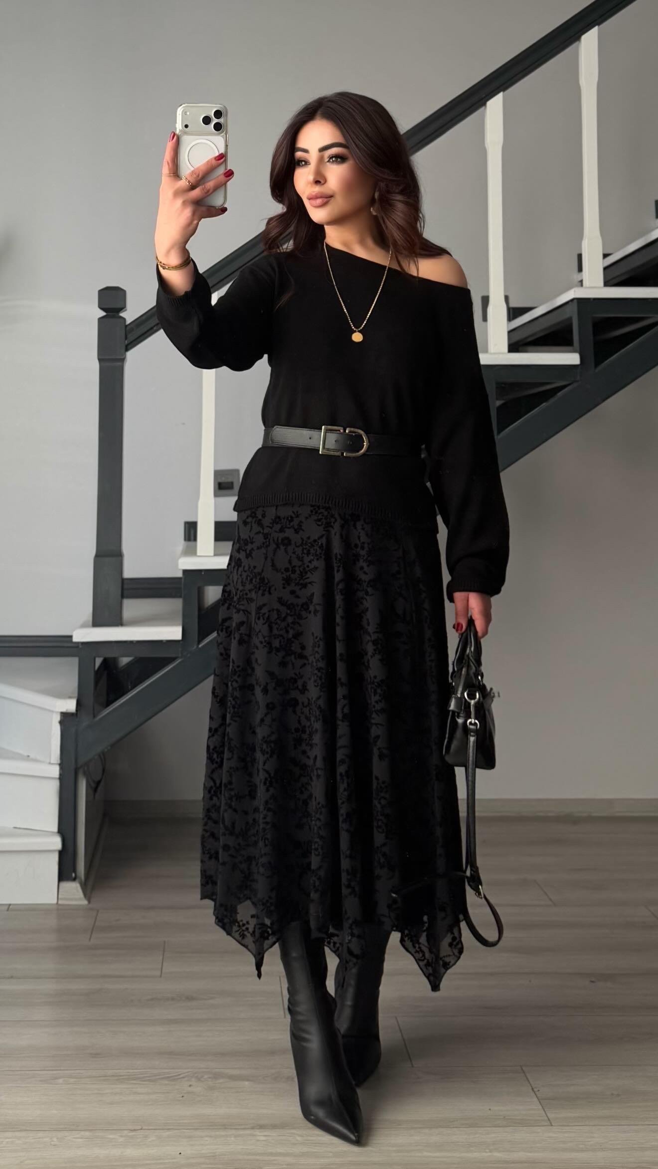 Kabartma Desenli Astarlı Asimetrik Etek - Siyah - Görsel 7