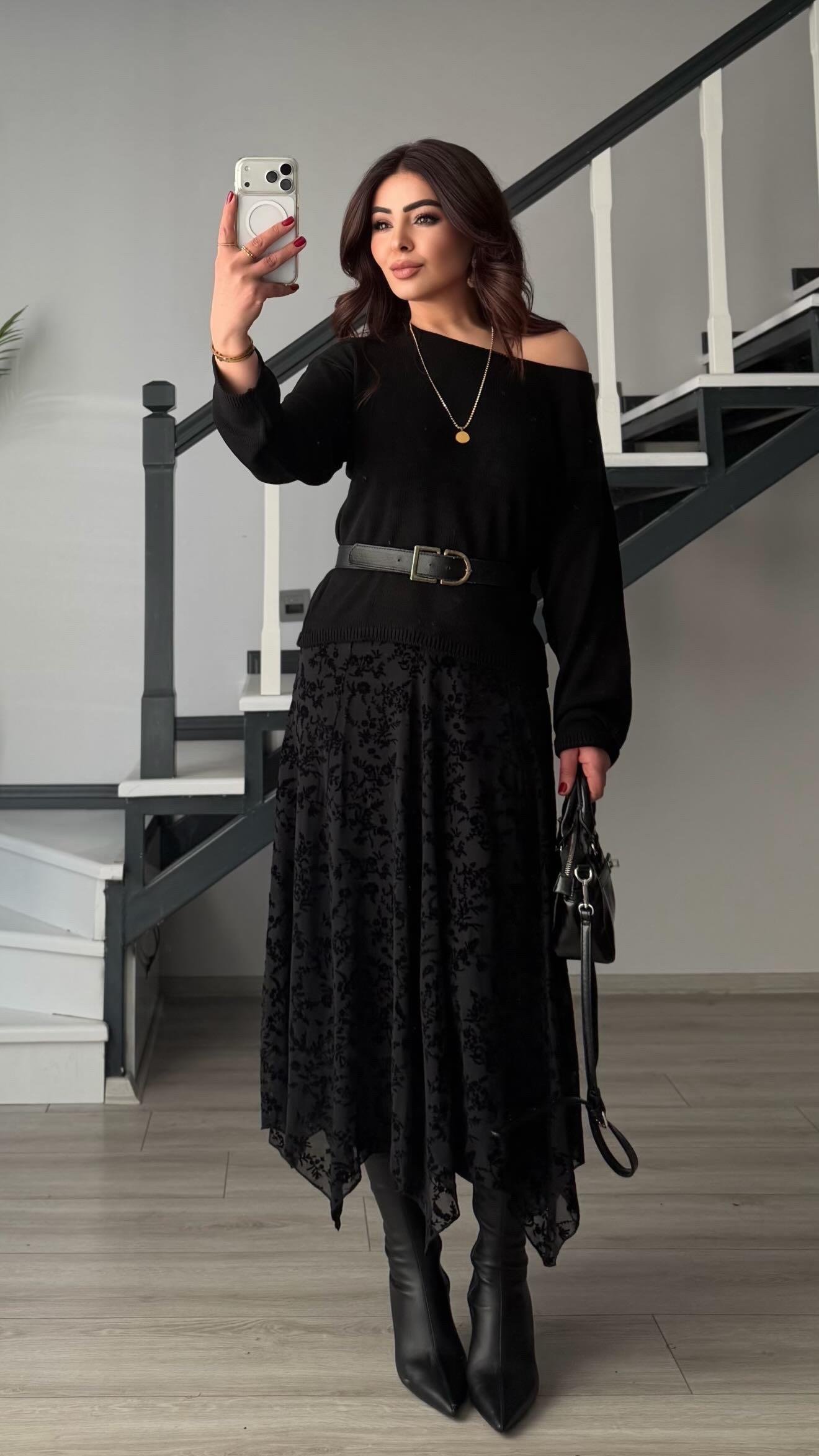 Kabartma Desenli Astarlı Asimetrik Etek - Siyah - Görsel 5