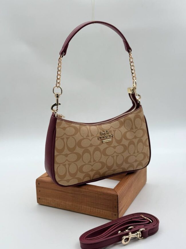 Coach monogram baget bordo camel çanta