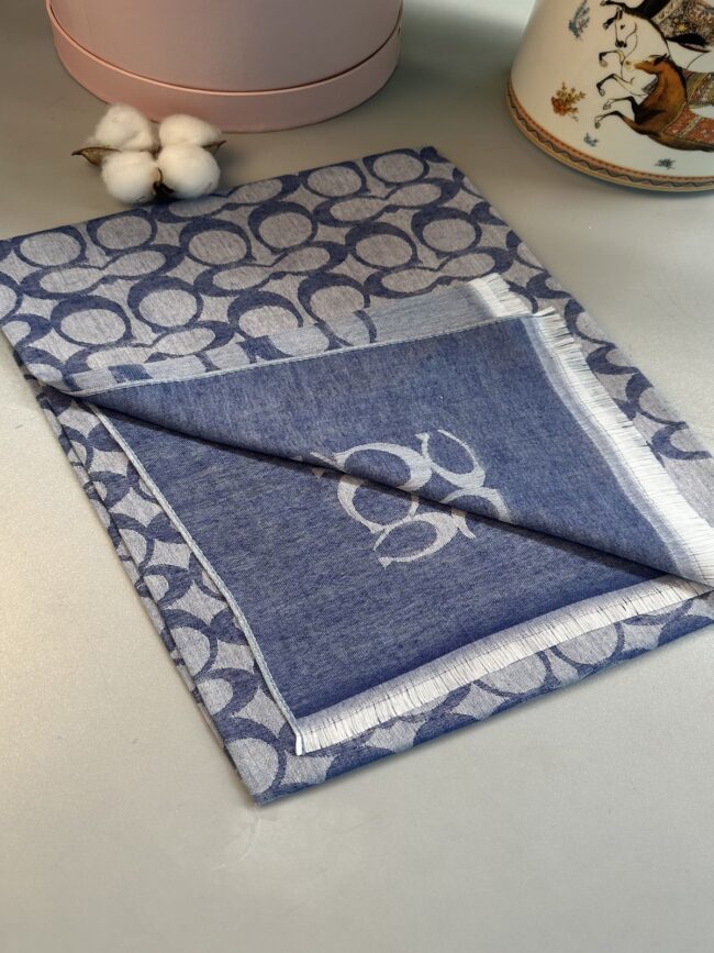 A Kalite Yün İpek Çift Taraflı Marka Şal - Kot Mavisi