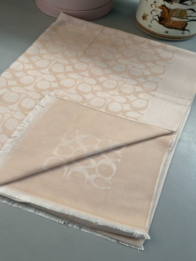 A Kalite Yün İpek Çift Taraflı Marka Şal - Pudra-Bej