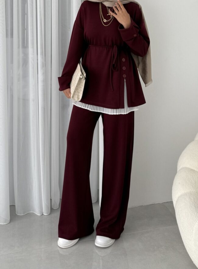 Premium Oysho Düğmeli  İkili Takım TK2968  - Bordo