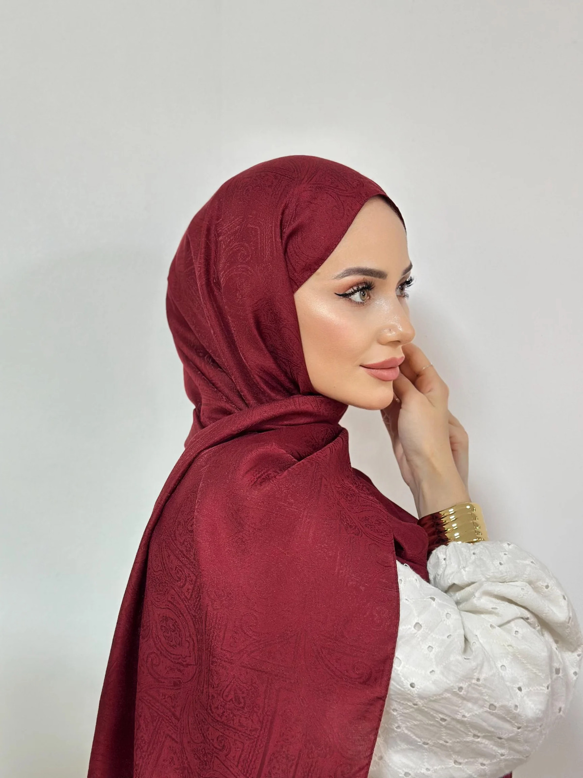 Oliva Pamuklu Kendinden Dokulu Etnik Desen Şal- Bordo - Görsel 2