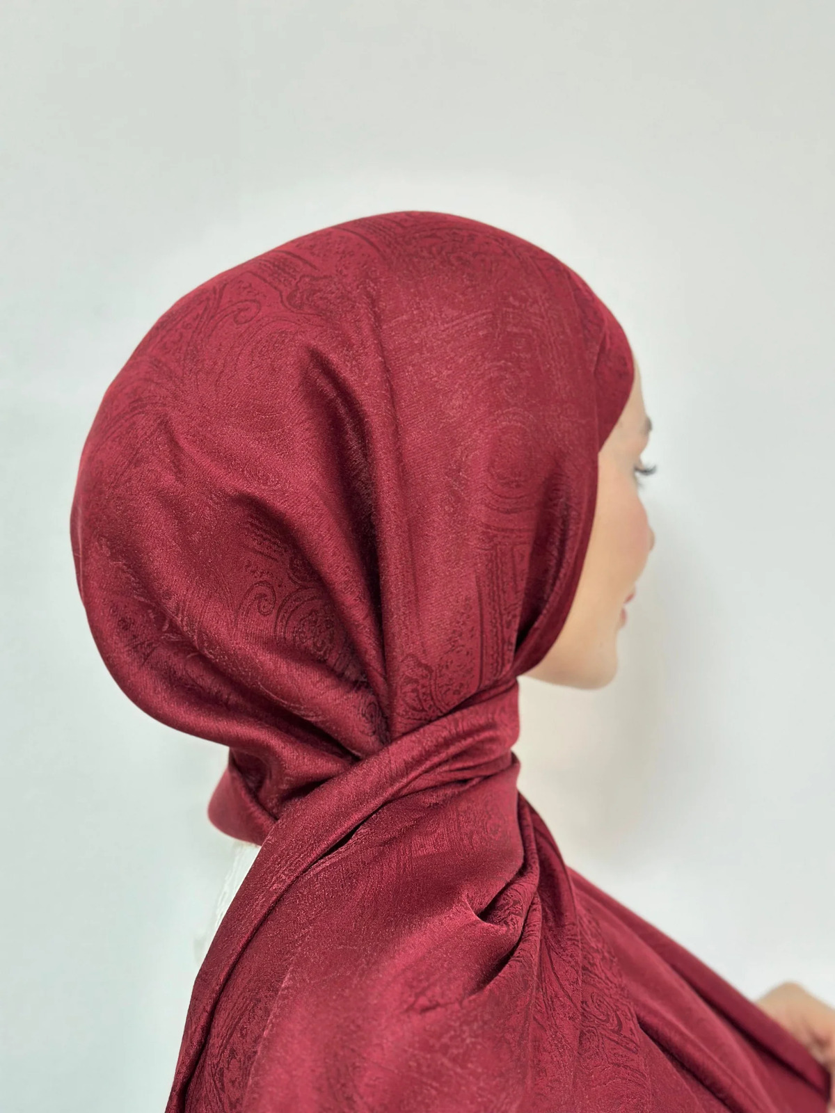 Oliva Pamuklu Kendinden Dokulu Etnik Desen Şal- Bordo - Görsel 3