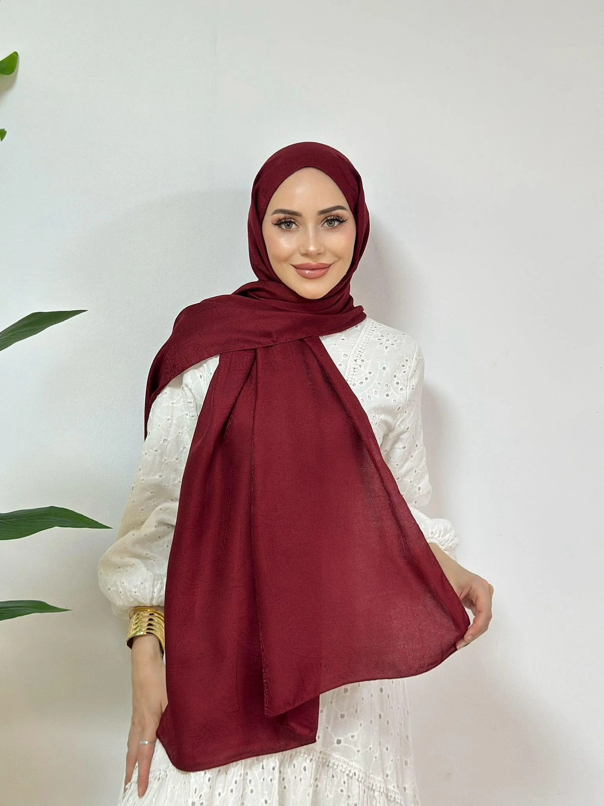 Oliva Pamuklu Kendinden Dokulu Etnik Desen Şal- Bordo