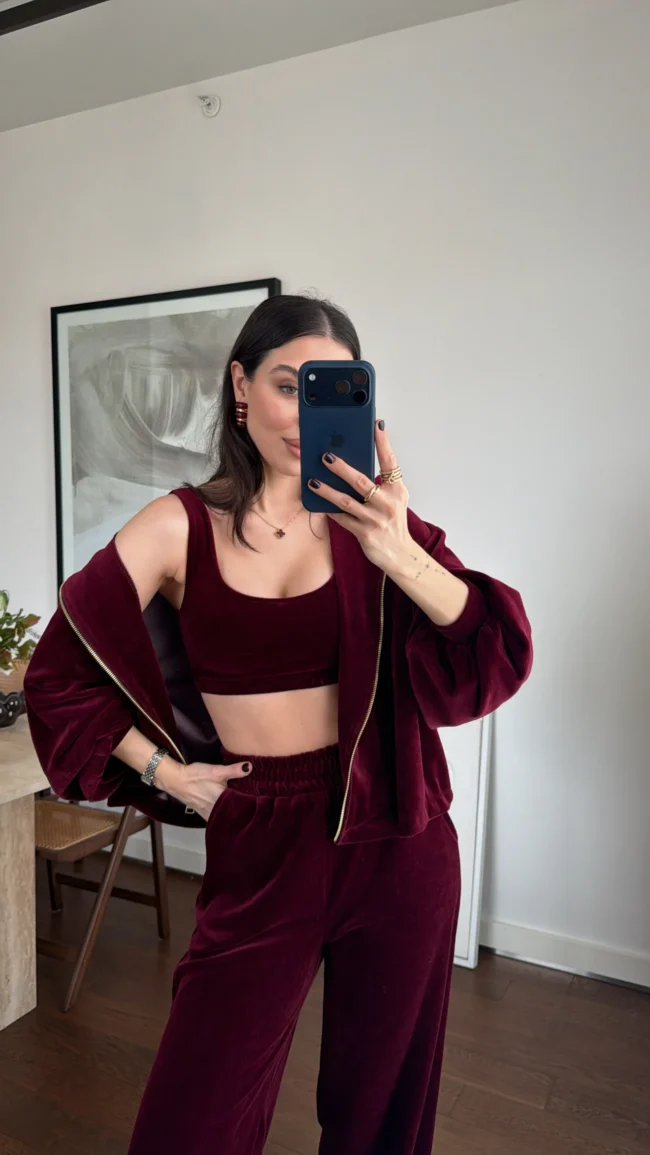 Velvet Kadifeli Üçlü Takım - Bordo