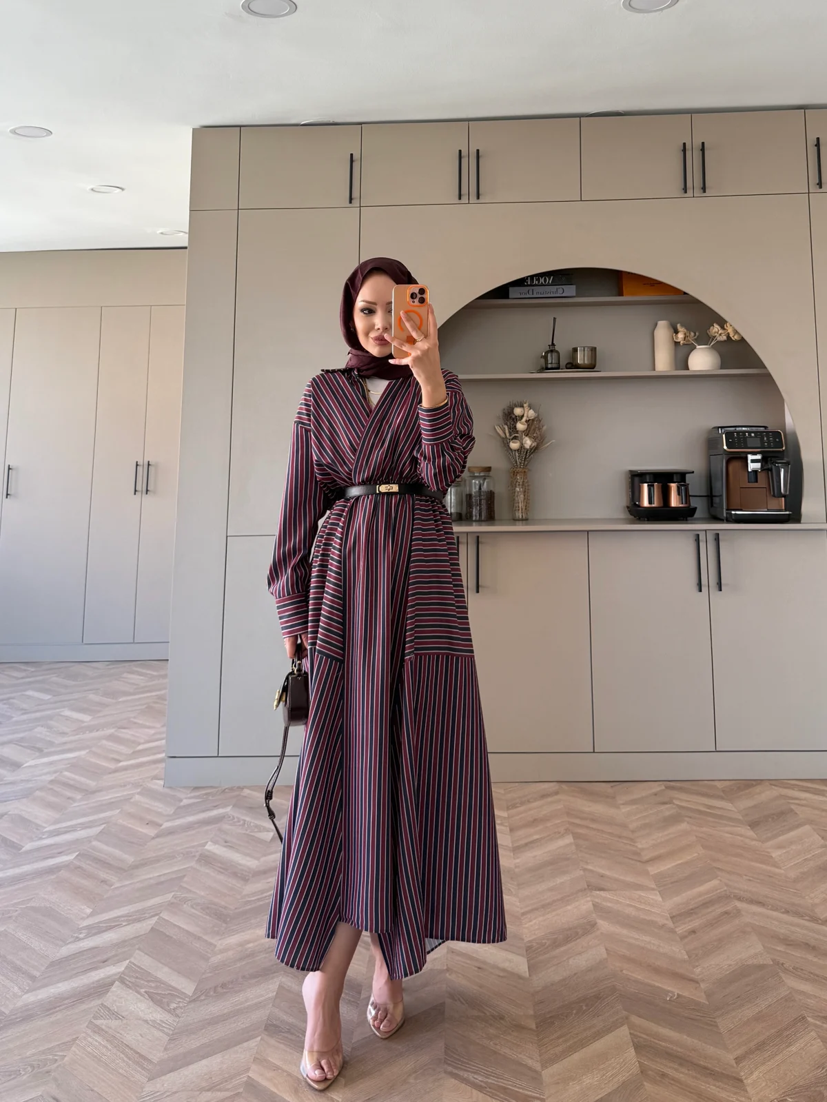 Sarah Çizgili Poplin Elbise- Bordo - Görsel 3