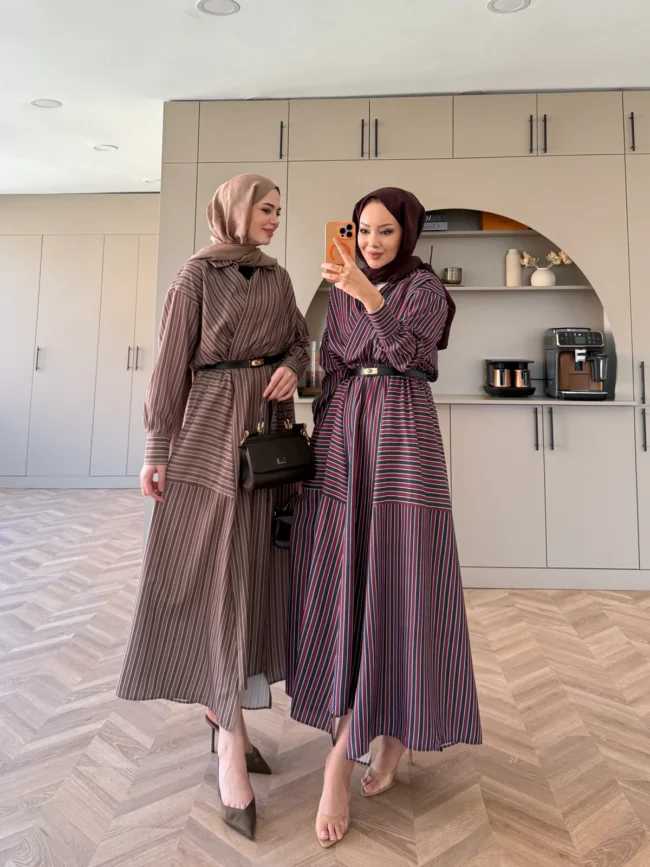 Sarah Çizgili Poplin Elbise- Bordo