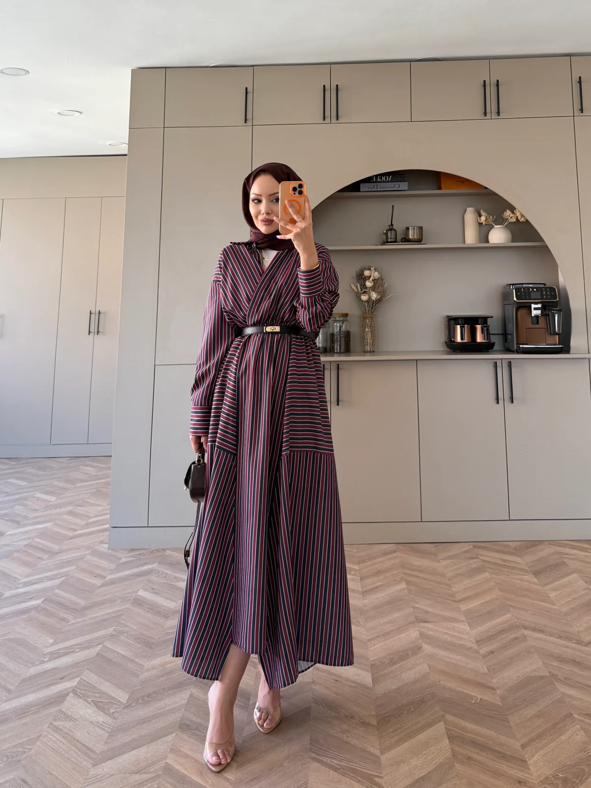 Sarah Çizgili Poplin Elbise- Bordo - Görsel 4