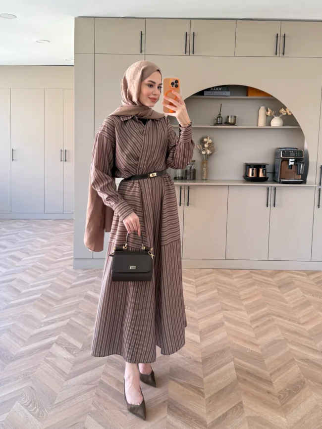 Sarah Çizgili Poplin Elbise- Yeşil