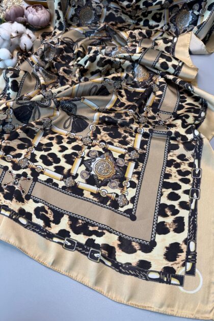 Hermes Leopar Çift Taradlı Vual İpek Şal 11143 - Kum Beji