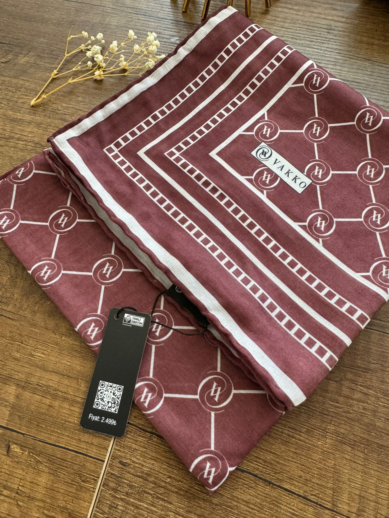 Vakko Monogram Desen Pamuk Soft Eşarp 21510 - Bordo
