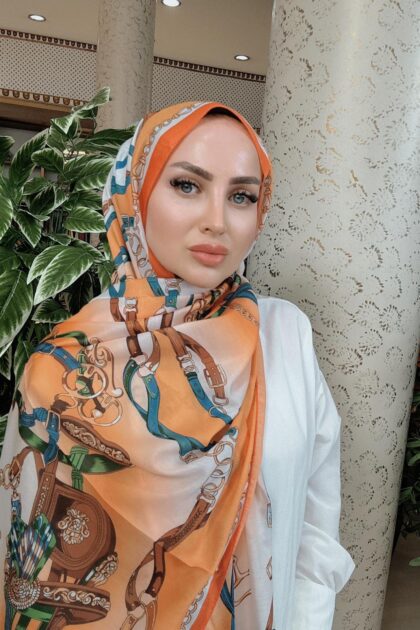 Hermes Zincir Desen Pamuk Soft Şal 61532 - Turuncu