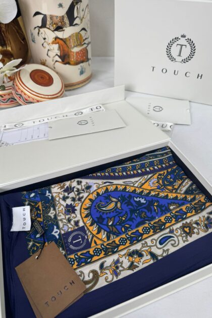Touch İthal Etnik Desen Pamuk İpek Şal- 35440 - Lacivert Ekru