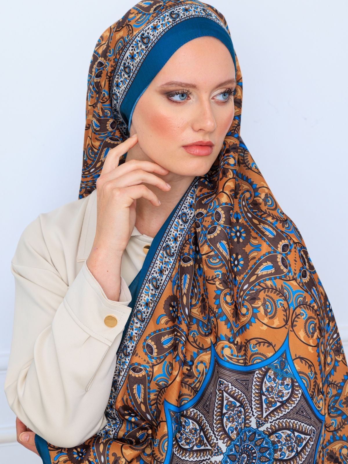 Etro Buta Desenli Pamuk Soft Şal - 377350 - Bebe mavisi Gold - Görsel 6