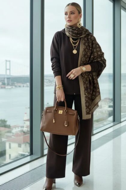 İthal Lv Kaşmir İpek Şal 49104 - Vizon Kahve