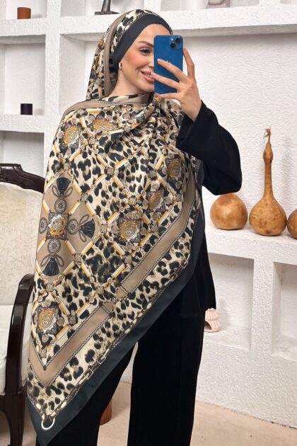 Hermes Leopar Pamuk Soft Şal 65329 - Latte