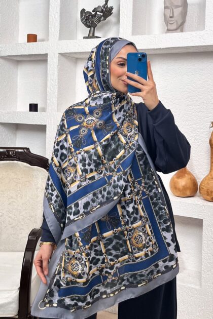 Hermes Leopar Pamuk Soft Şal 65329 - Gece Mavisi