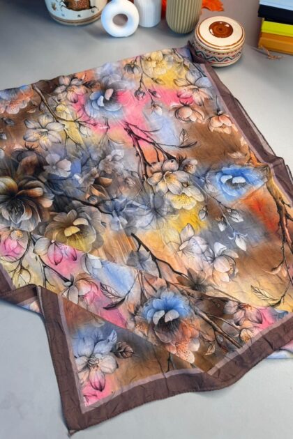 Flowers Kraş Desenli Şal - ŞL100234 - Kestane