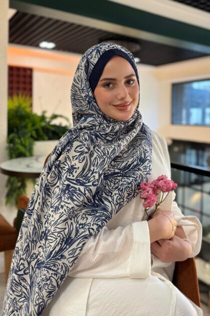 Touch Fourty Floral Desen Pamuk İpek Şal-202343-Lacivert