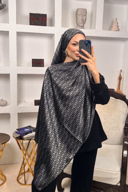 İthal Çifttaraflı Fendi İnci Vual İpek Şal -Antrasit