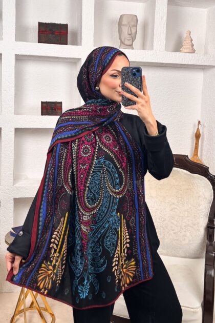 Touch İthal Etnik Desen Yün İpek Şal- Mürdüm-Siyah