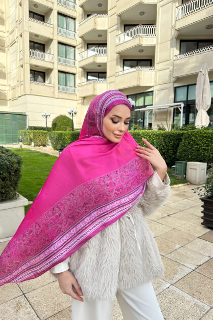 Çini Rüyası Vual İpek Şal 10101 - Koyu Pembe