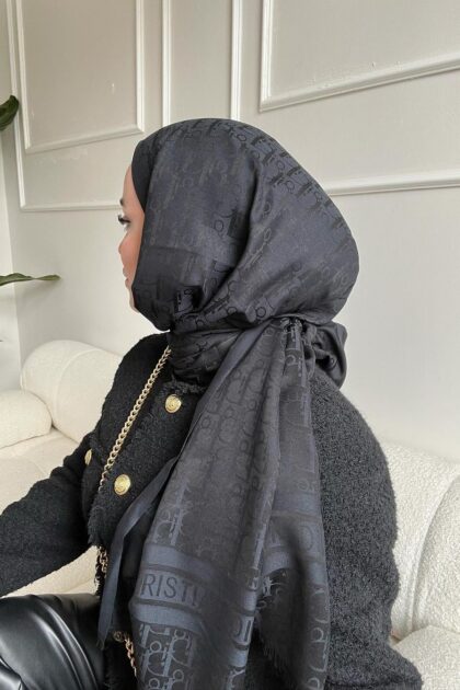 Dior Desenli İpek Kaşmir Çift Taraflı Şal 78002 - Siyah