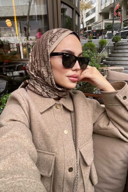 Dior Desenli İpek Kaşmir Çift Taraflı Şal 78002 - Kahve