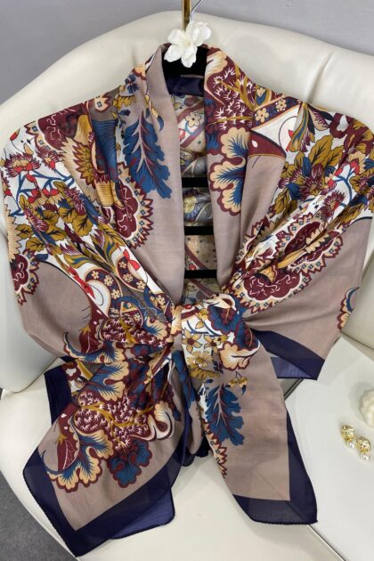 Etro Çiçek Desen Pamuk soft Şal - 433240 - Lacivert-Latte
