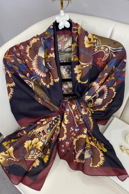 Etro Çiçek Desen Pamuk soft Şal - 433240 - Gece mavisi-Bordo