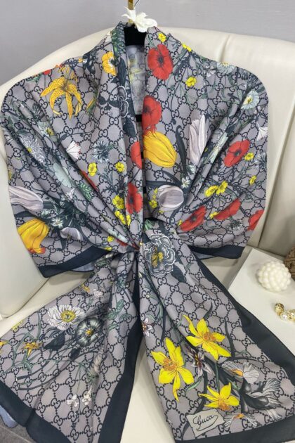 Gucci Çiçek Desen Pamuk Soft Şal 65355 - Gri/Siyah
